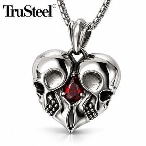 Double Skull Heart Pendant Red Stone Silver Gothic Biker Necklace